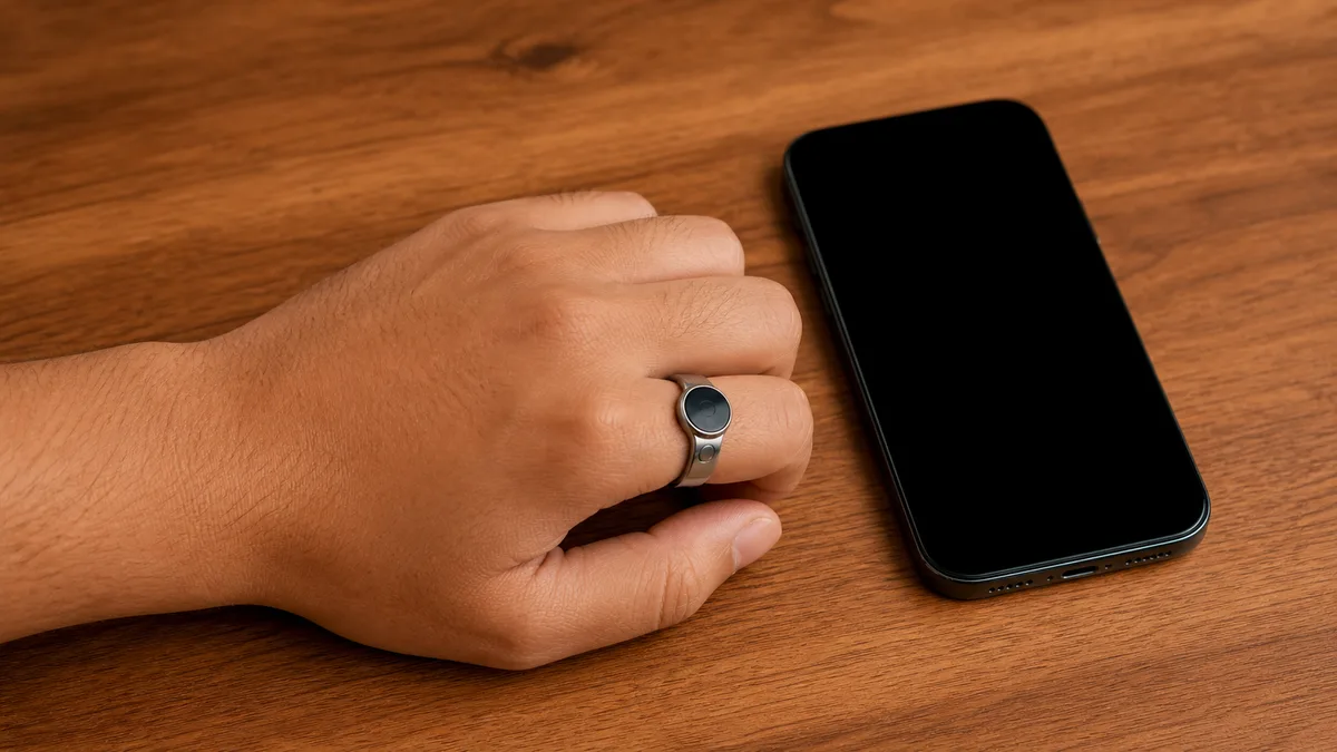 Smart tasbih ring hand beside a powered-off phone on a warm wooden desk