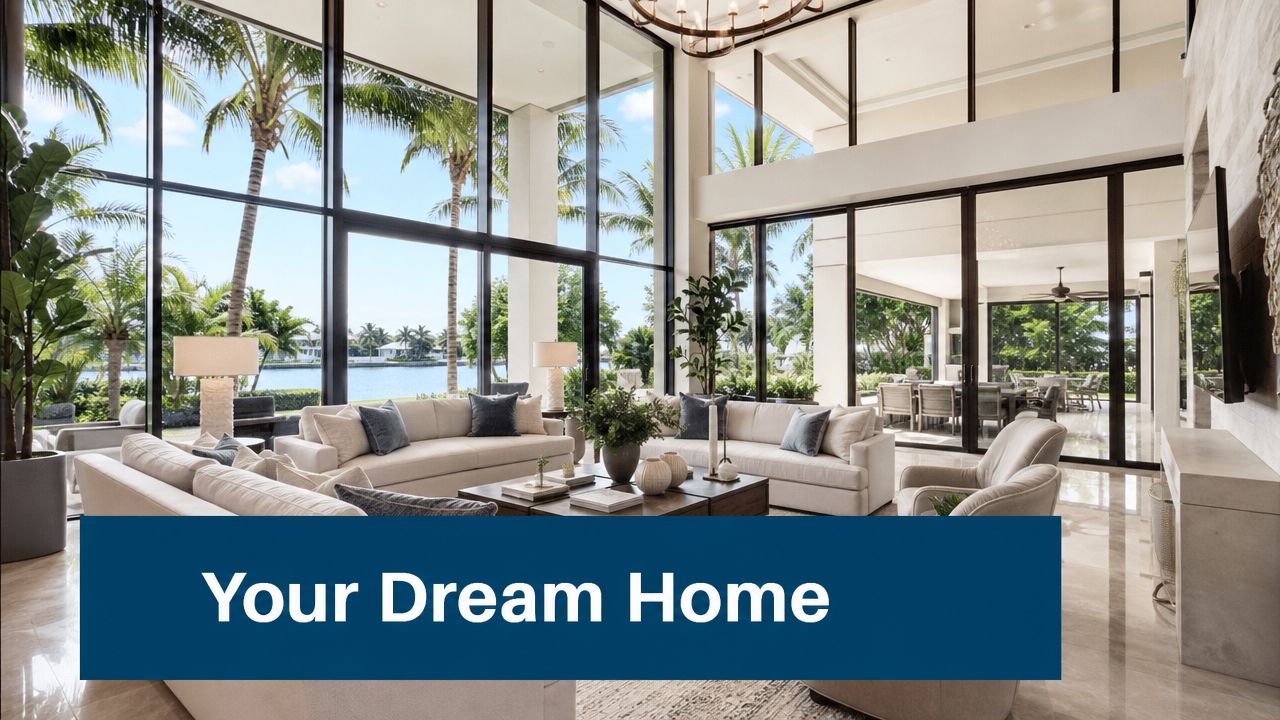 A luxurious, open-concept living room with floor-to-ceiling windows overlooking a serene waterfront and lush palm trees.