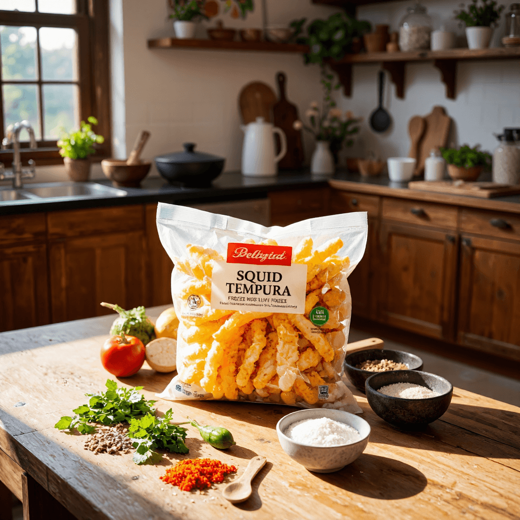 product photography of bag of frozen squid tempura