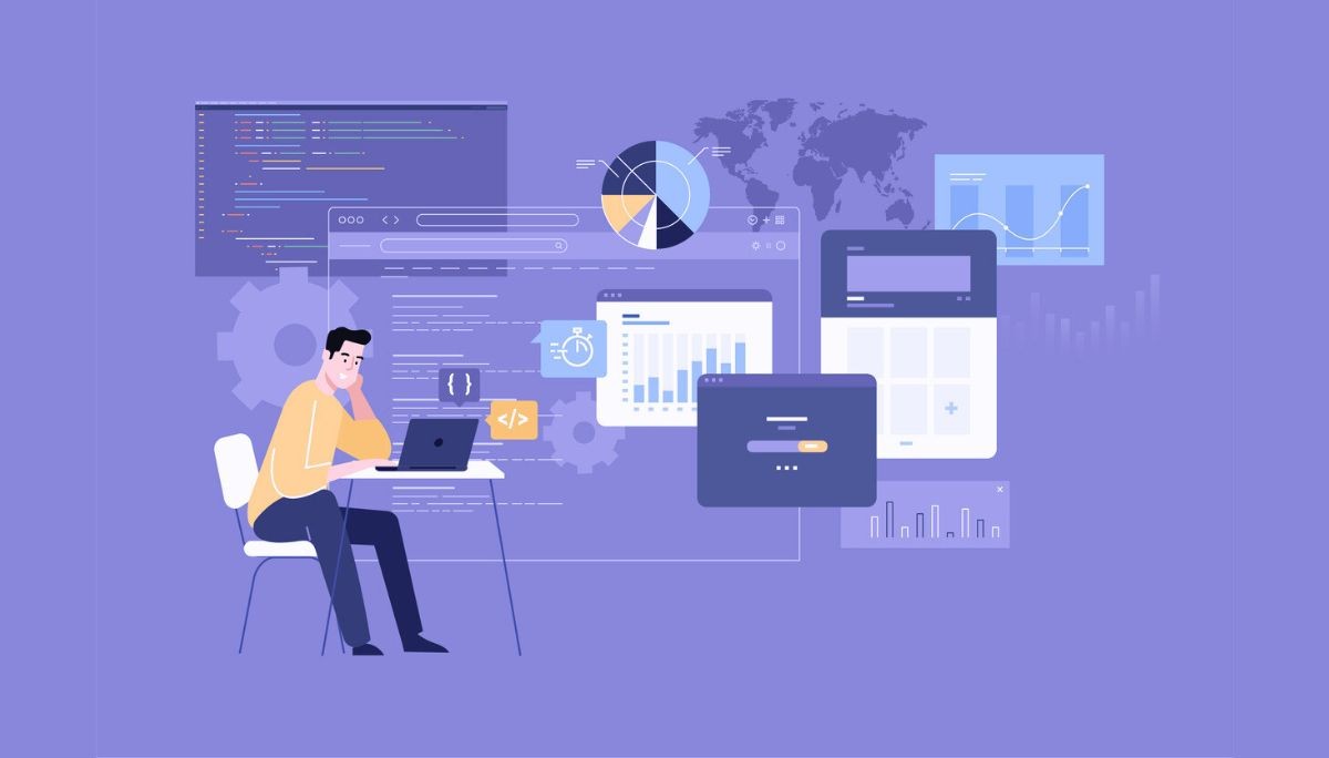Illustration of a person at a desk working on a laptop, surrounded by floating charts, graphs, code snippets, and UI elements.