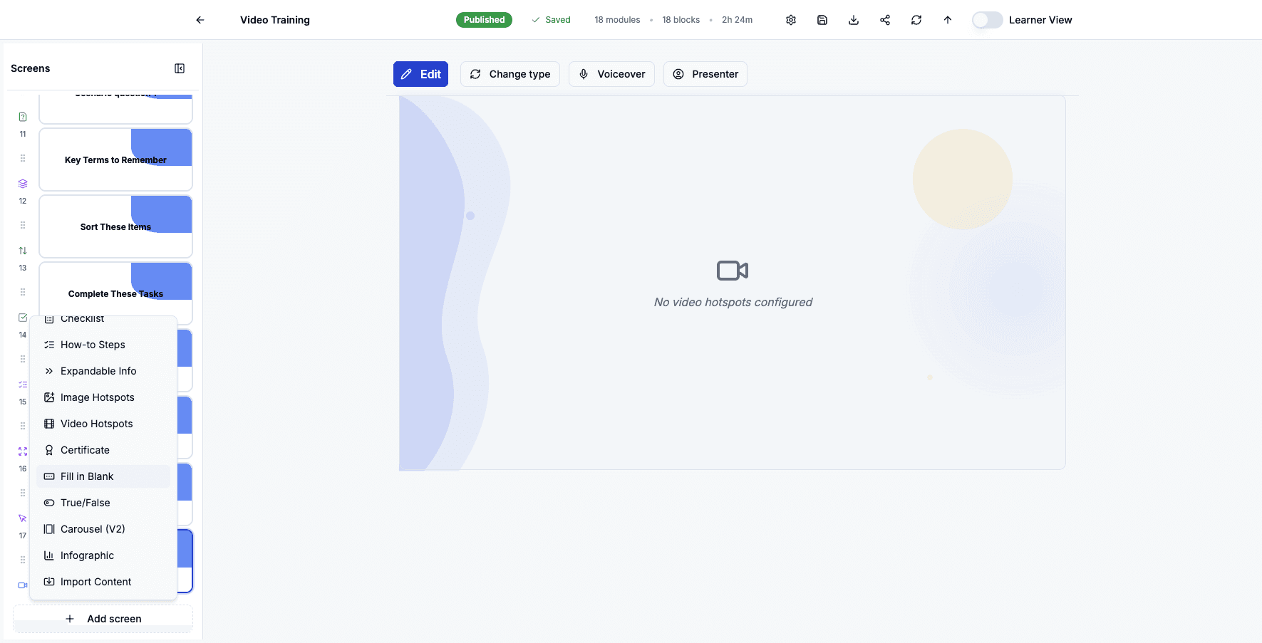Select Fill in Blank to create exercises where learners type missing words into text.