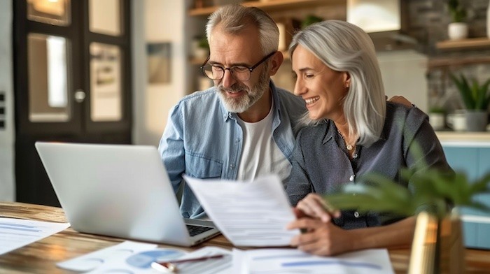 Elderly couple going over finances with laptop