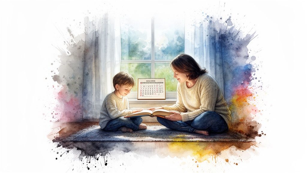 A mother and child sitting on a rug, happily reading a book together by a window, in a watercolor style.