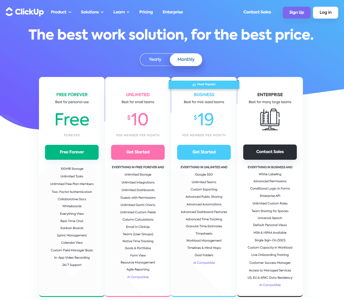 Screenshot of ClickUp's pricing page