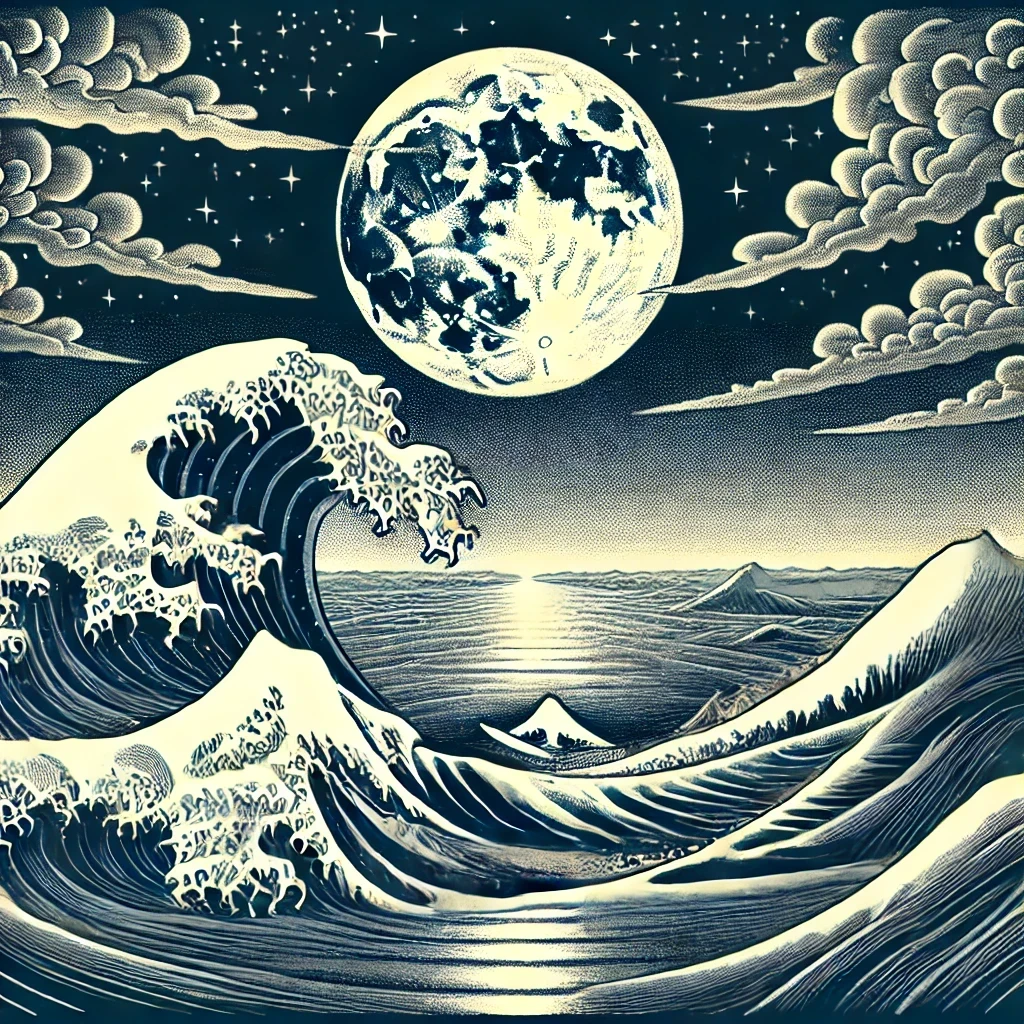 An ocean wave under the moon.