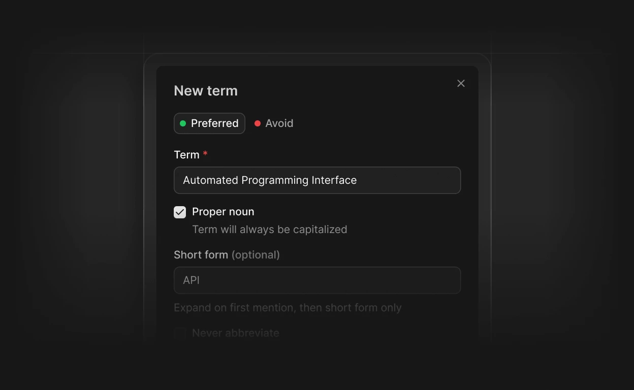 New term dialog with "Automated Programming Interface" marked as a preferred proper noun with short form "API."