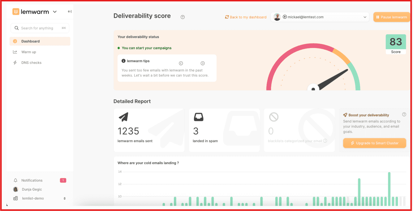 Check the deliverability score on Lemwarm by Lemlist 