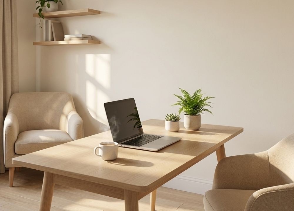 Minimal home workspace with a laptop on a wooden table