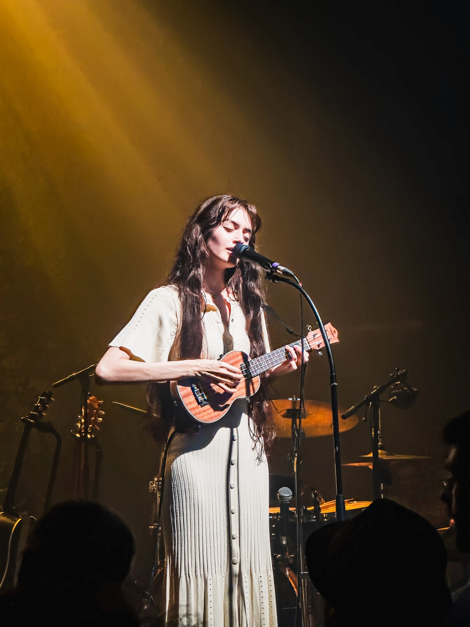 Musicienne au ukulélé en lumière dorée, concert au Café de la Danse