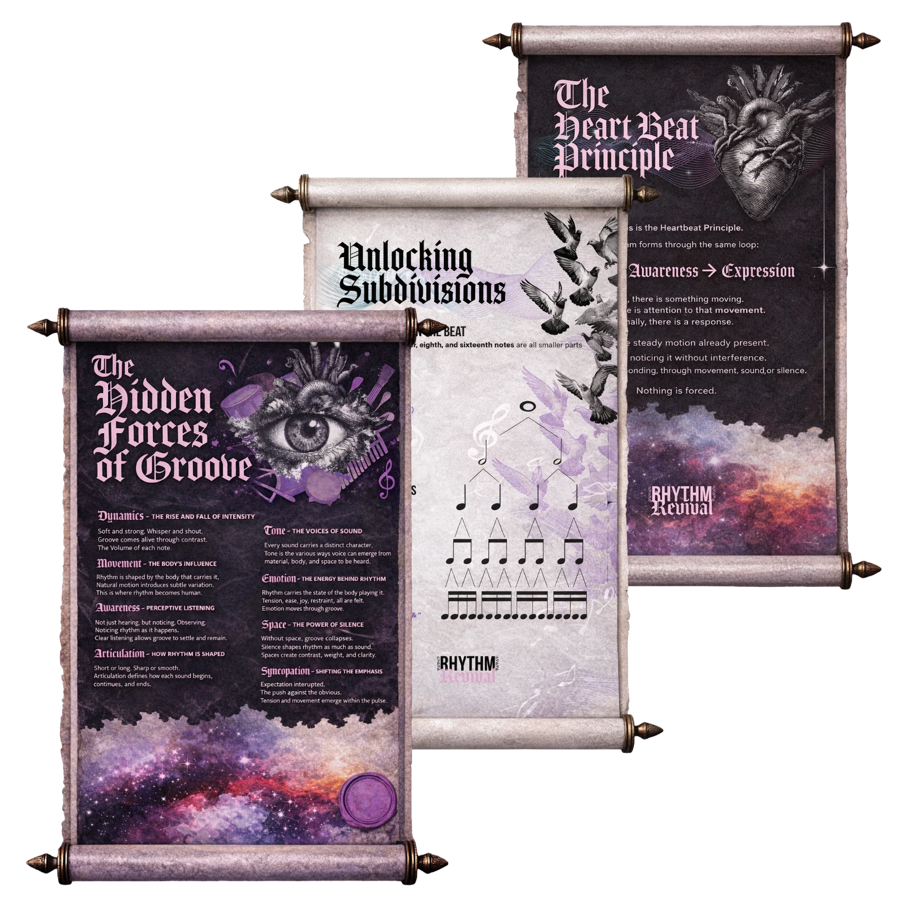 Rhythm Revival — three illustrated learning scrolls against a light background.