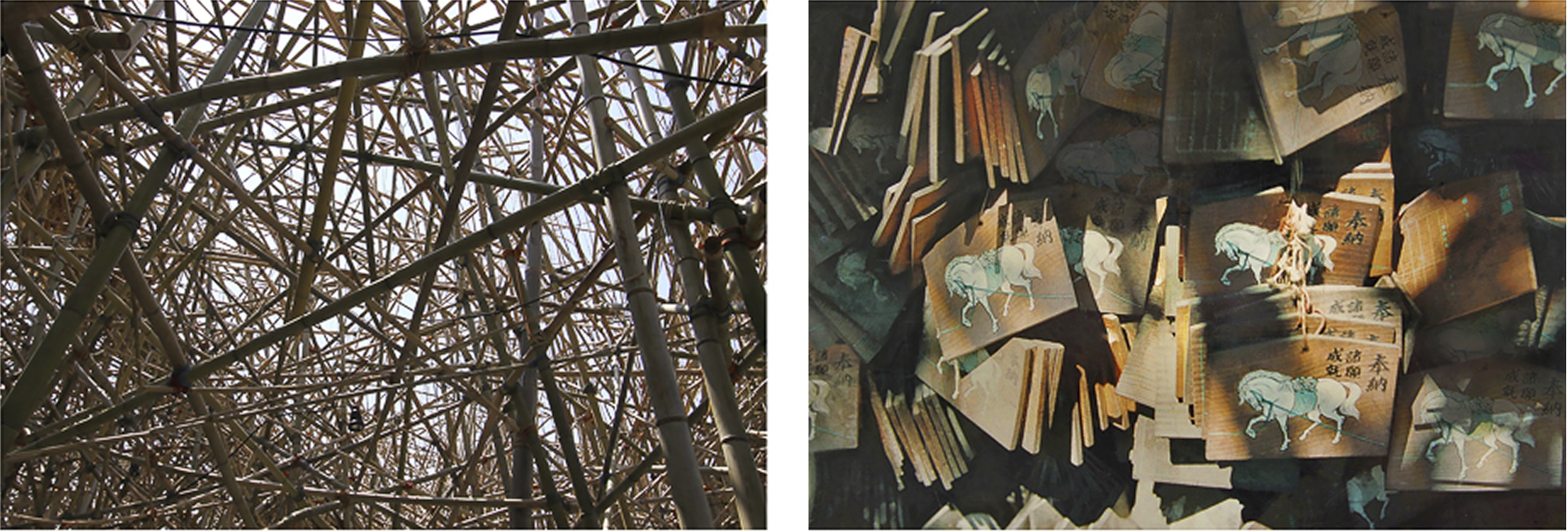 Diptych featuring two photographs: on the left, an intricate network of bamboo scaffolding forming a dense geometric pattern; on the right, a close-up of wooden prayer plaques adorned with painted animals and Japanese calligraphy. The pairing juxtaposes structure and devotion, craftsmanship and ritual.