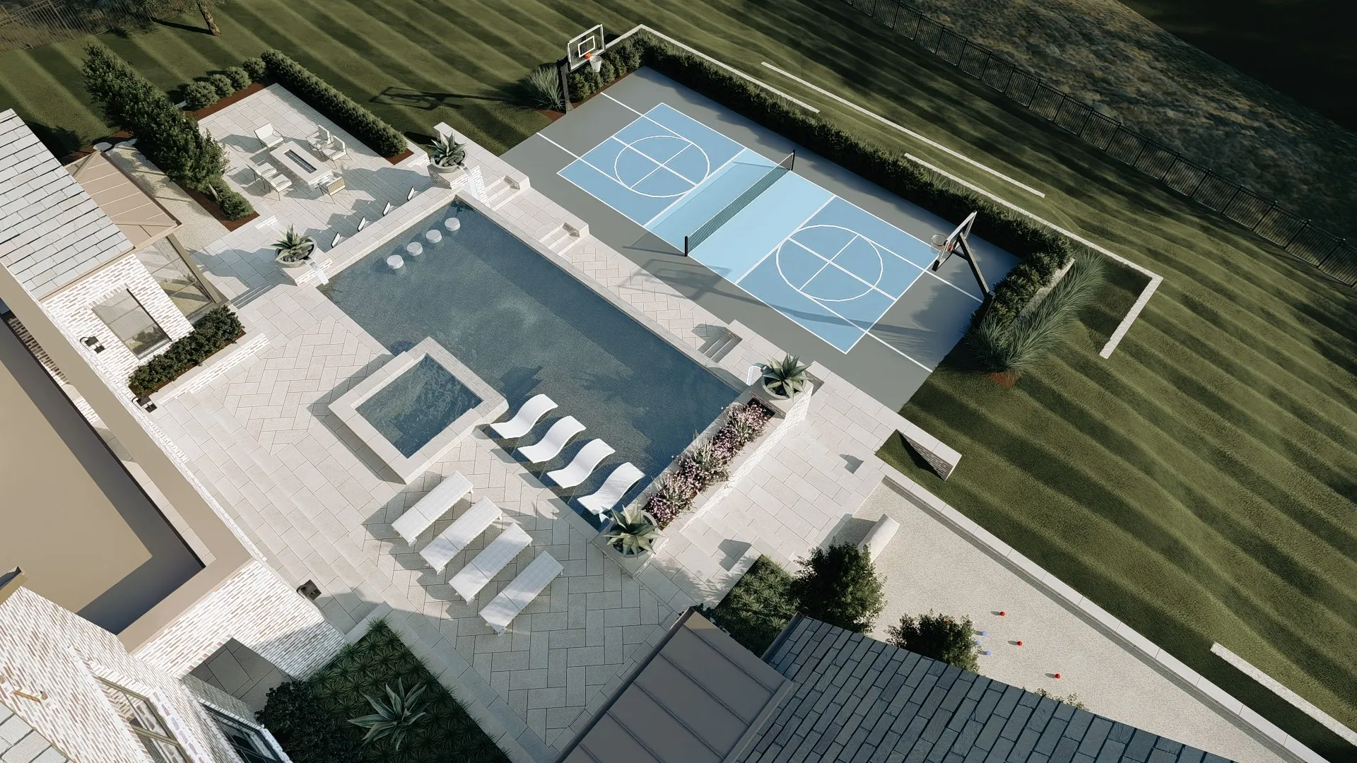 Outdoor living intergrated with multi sports court design in Montrachet, Fort Worth. 