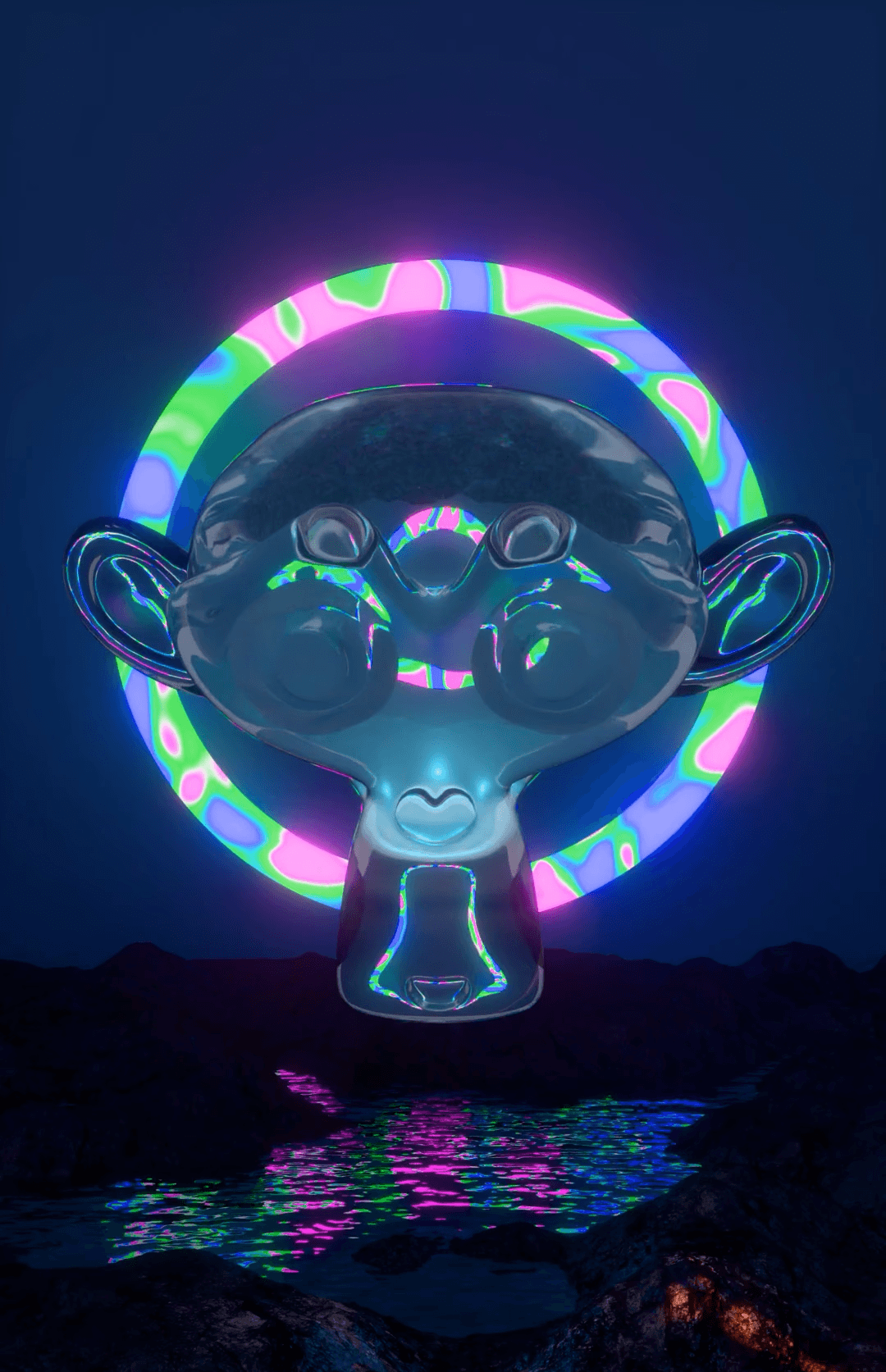 A person stands against a vibrant background of orange and yellow wavy patterns. They are wearing a dark coat, looking contemplative and thoughtful.