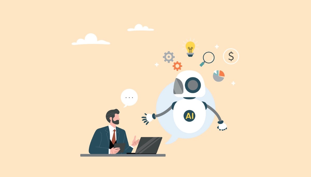 Illustration of businessperson interacting with AI robot surrounded by tech and data icons.