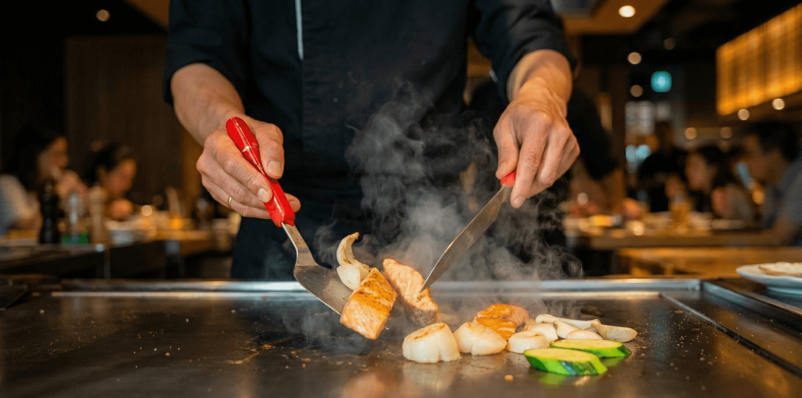 Two open soft-shell tacos, generously filled with grilled, spiced meat, diced pineapple salsa, cilantro, and a creamy drizzle, served on a rustic wooden board.