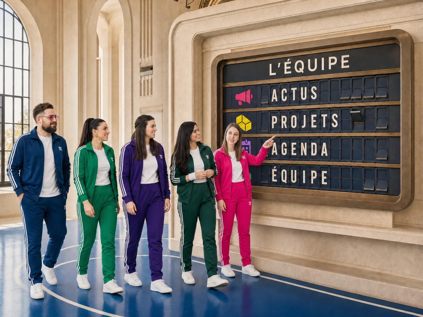 Une équipe en survêtement pose devant un tableau portant les mots « L’équipe », « Actus », « Projets », « Agenda » et « Équipe ».