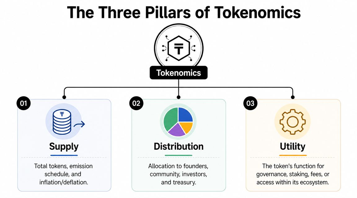 A diagram illustrating the three pillars of tokenomics: supply, distribution, and utility within a cryptocurrency ecosystem.