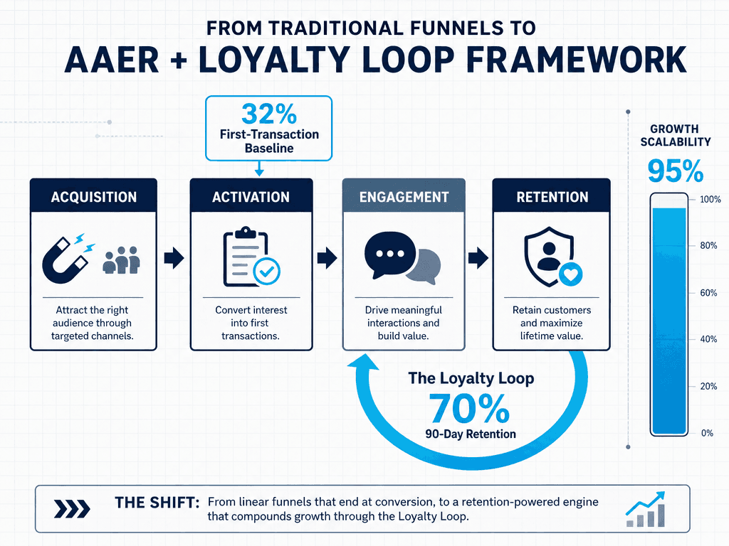 Architectural diagram of the 2026 Web3 AAER funnel featuring Acquisition, Activation, Engagement, and Retention stages with a Loyalty Loop.