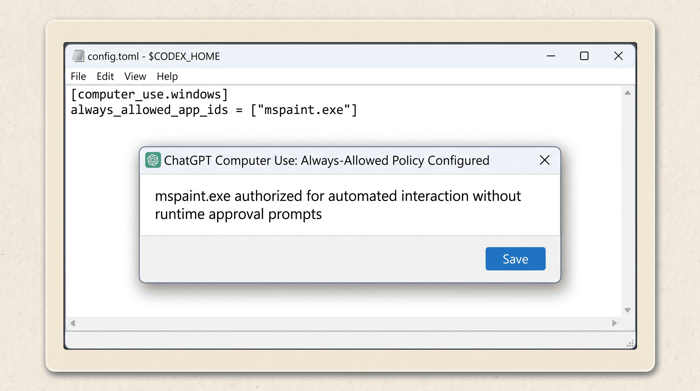 Teaching reconstruction of Windows config toml file and ChatGPT application allow list dialog for mspaint exe
