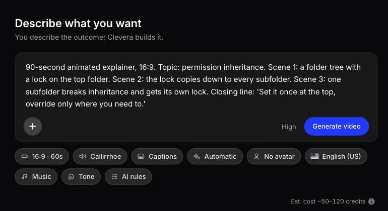 Describe what you want prompt with a 90-second animated explainer brief about permission inheritance, scene by scene