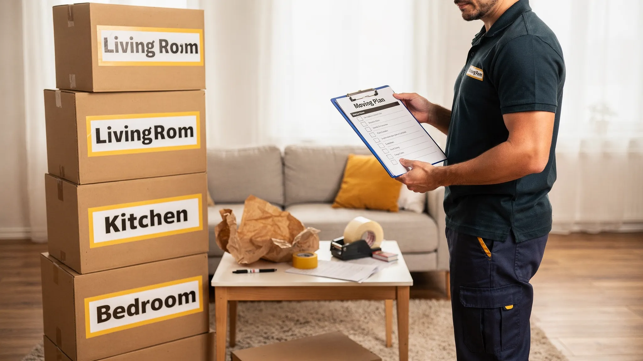 A professional mover reviewing a moving plan checklist next to neatly stacked, labeled moving boxes inside an apartment living room, with packing paper and tape on a small table.