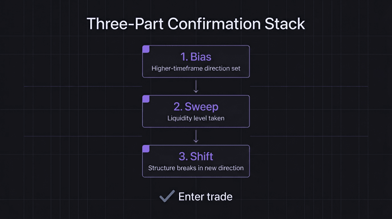 Three-part confirmation stack showing bias plus sweep plus structure shift equals trade entry