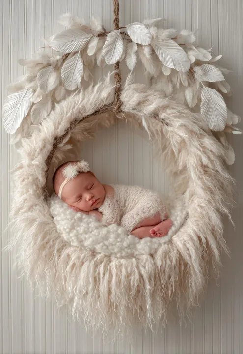 Sleeping newborn resting in a cream feathered hanging basket