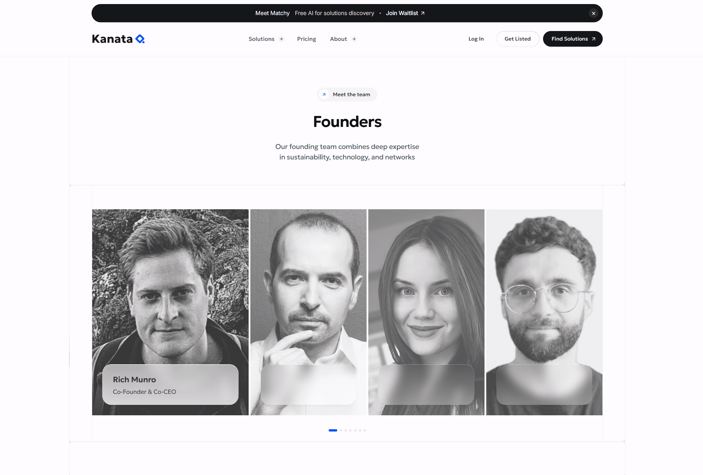 KanataQ Founders section with black-and-white portraits of four team members, the first labeled Rich Munro, Co-Founder & Co-CEO.