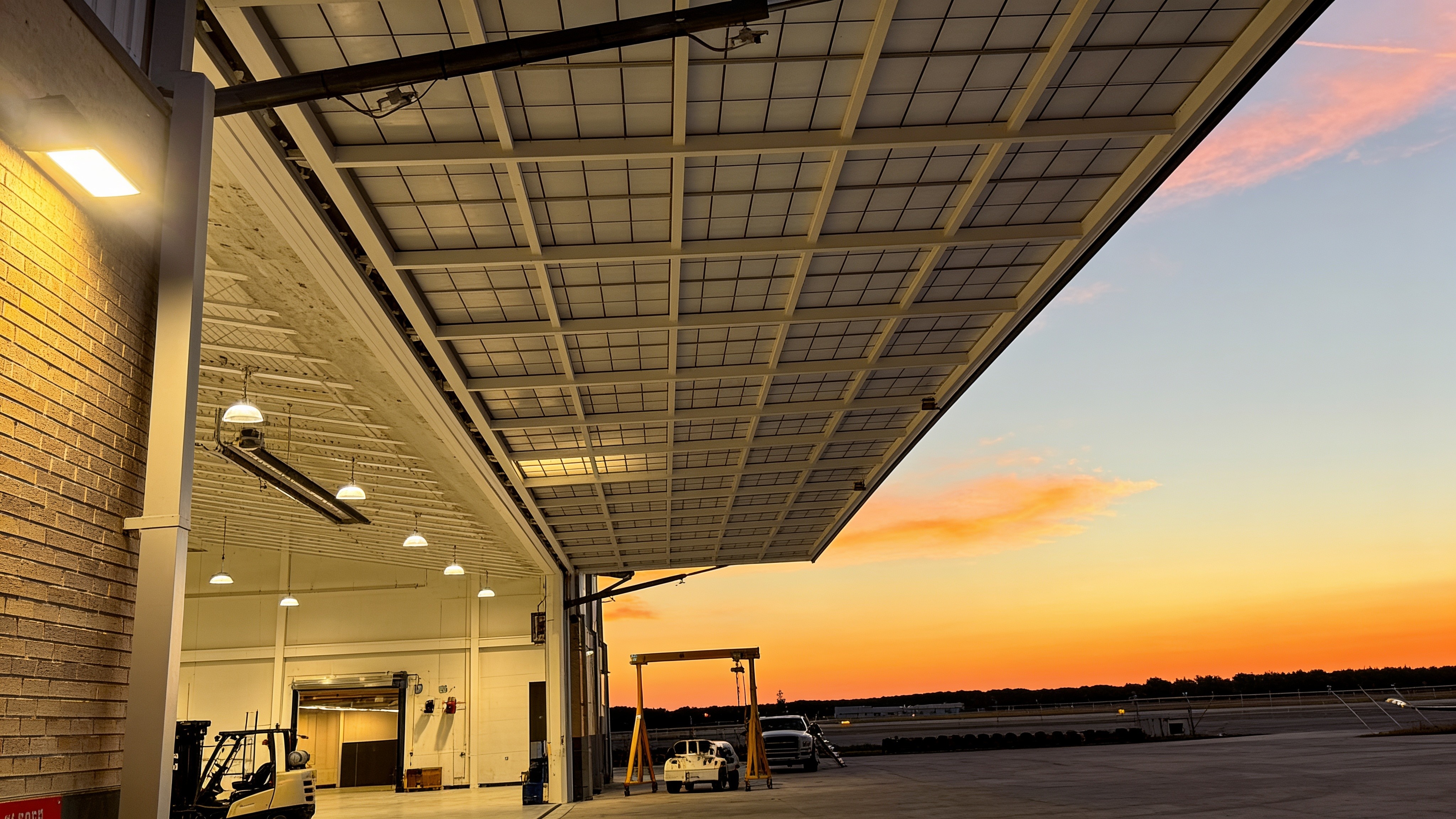 100-foot translucent-panel hydraulic aircraft hangar door open at sunset