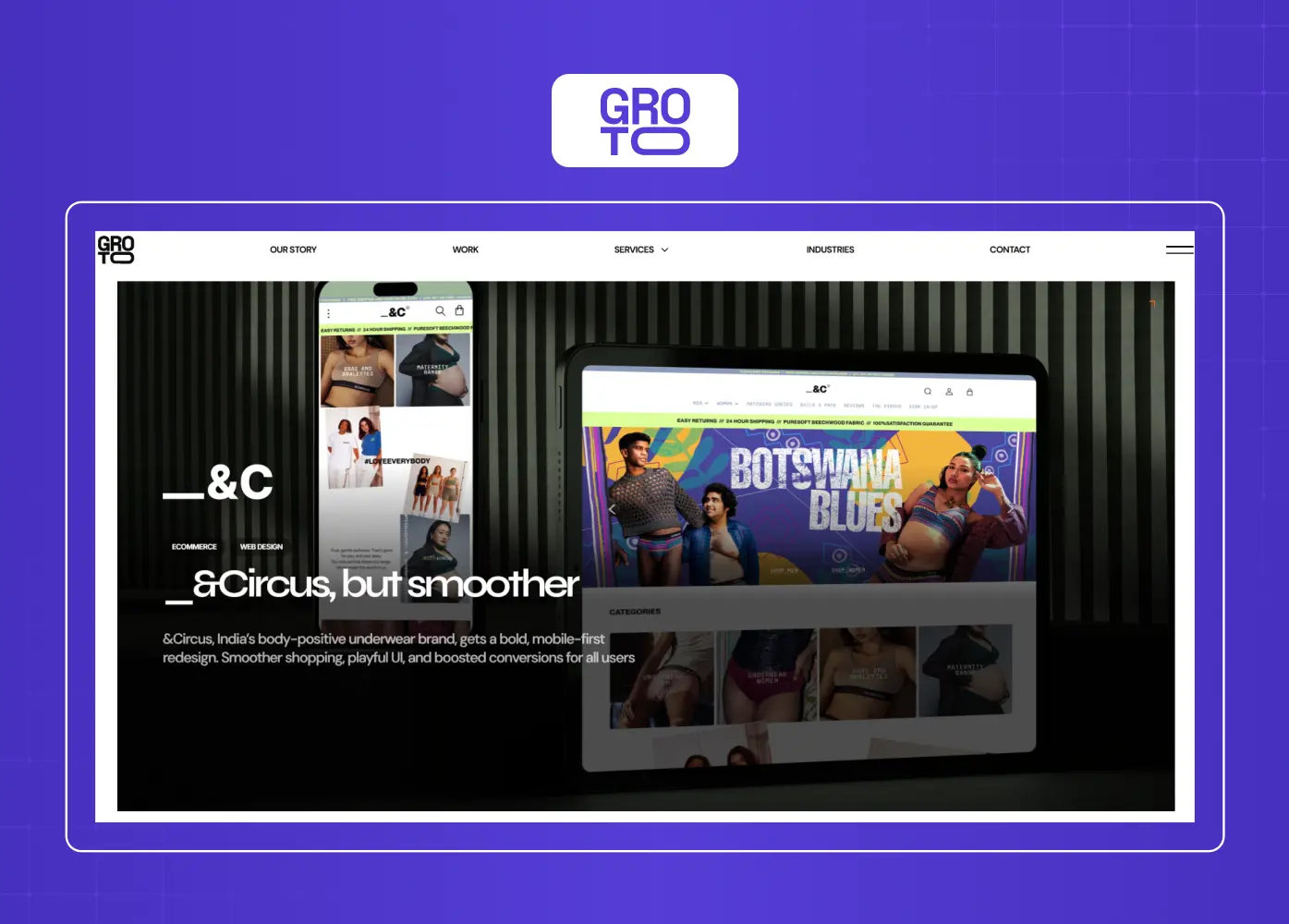Homepage of Groto showcasing an eCommerce redesign case study with immersive visuals, device mockups, and a bold, modern presentation. 