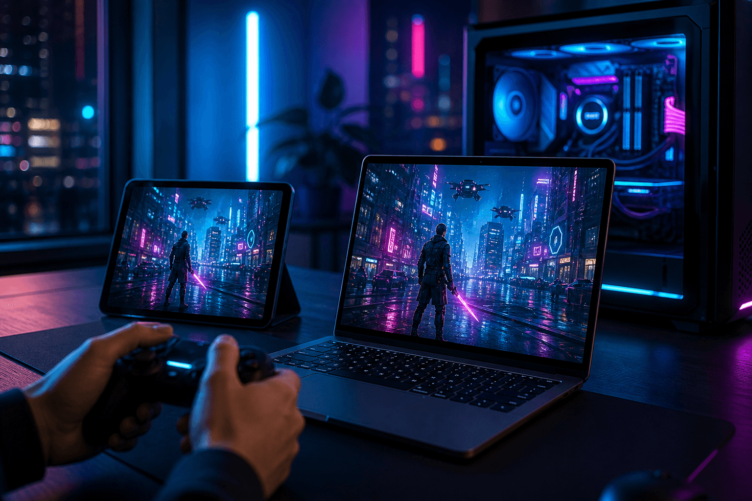 Cyberpunk-style PC game streamed to a MacBook and iPad with DeskIn
