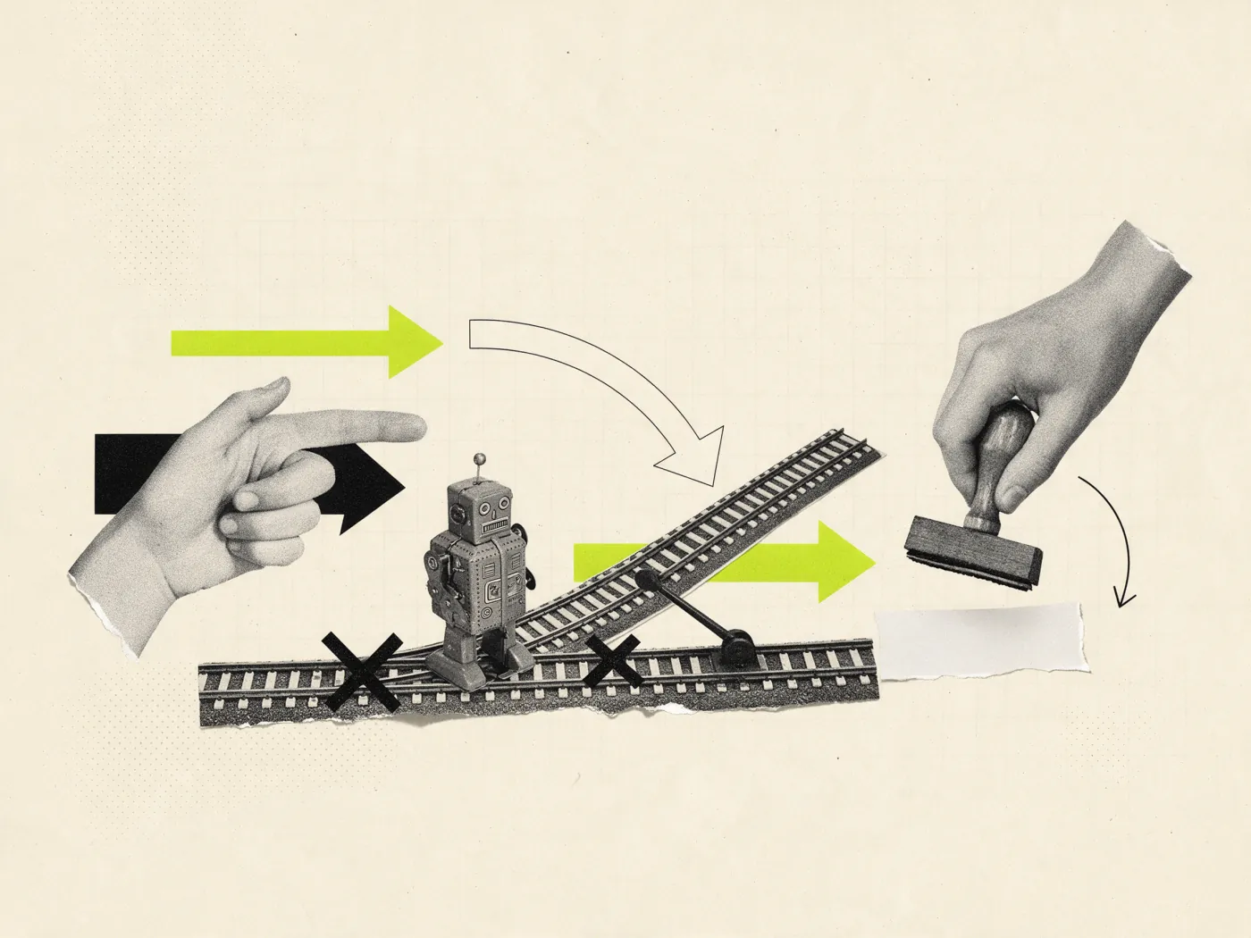 Colagem vintage: robô de corda num trilho com desvio e uma mão carimbando a aprovação, o Framer AI trabalhando com revisão