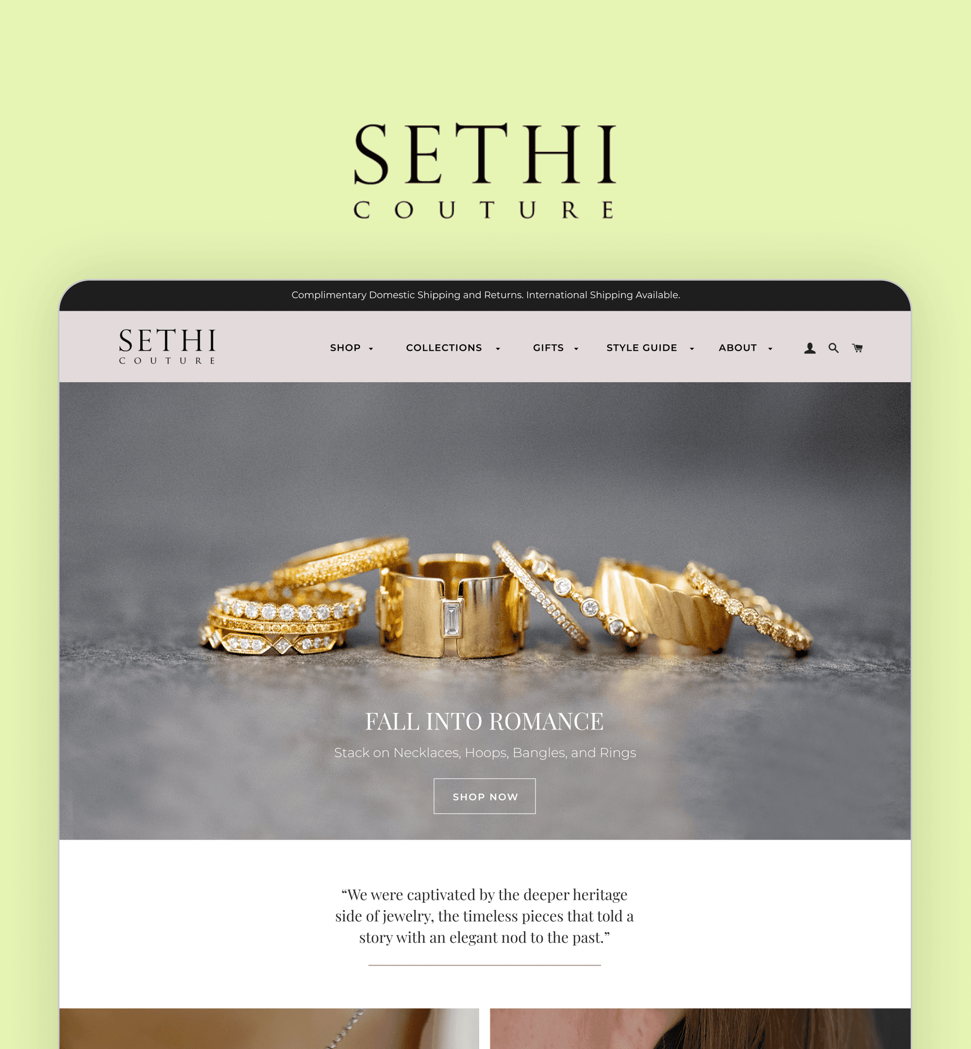 Sethi Couture website featuring luxury jewelry with a collection of rings displayed, promoting the 'Fall into Romance' campaign.