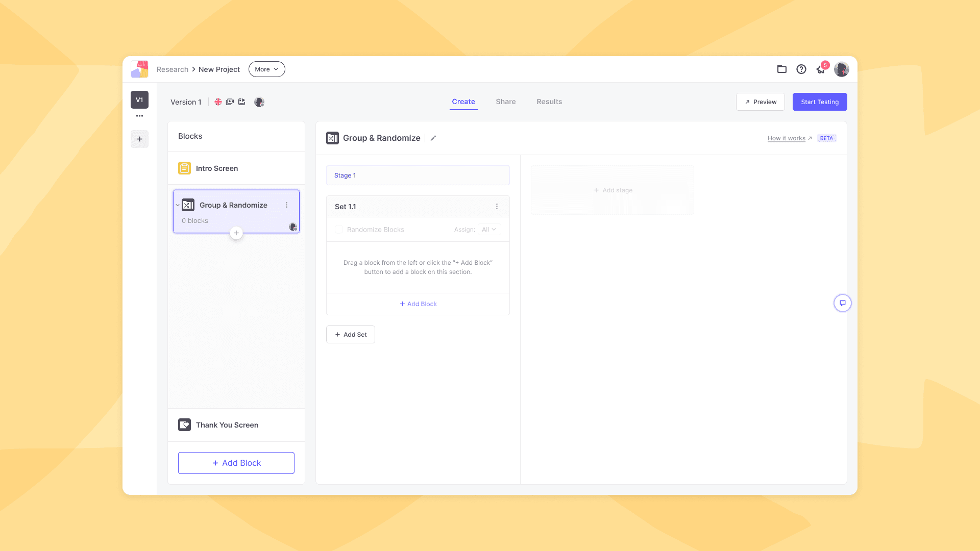Presenting the Group & Randomize block on the Useberry Platform for setting up randomization