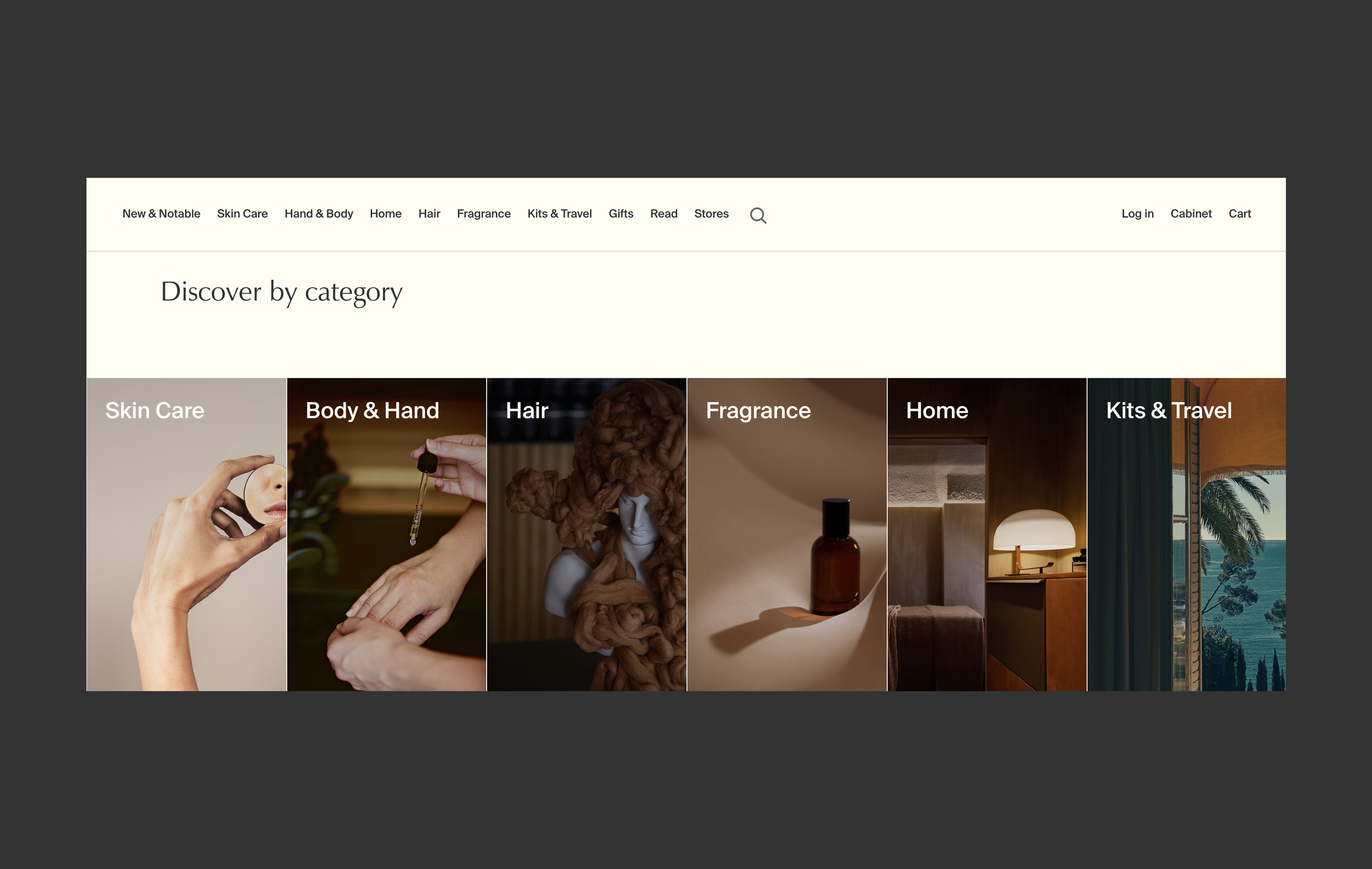 Aesop navigation organized by context, like travel or body care