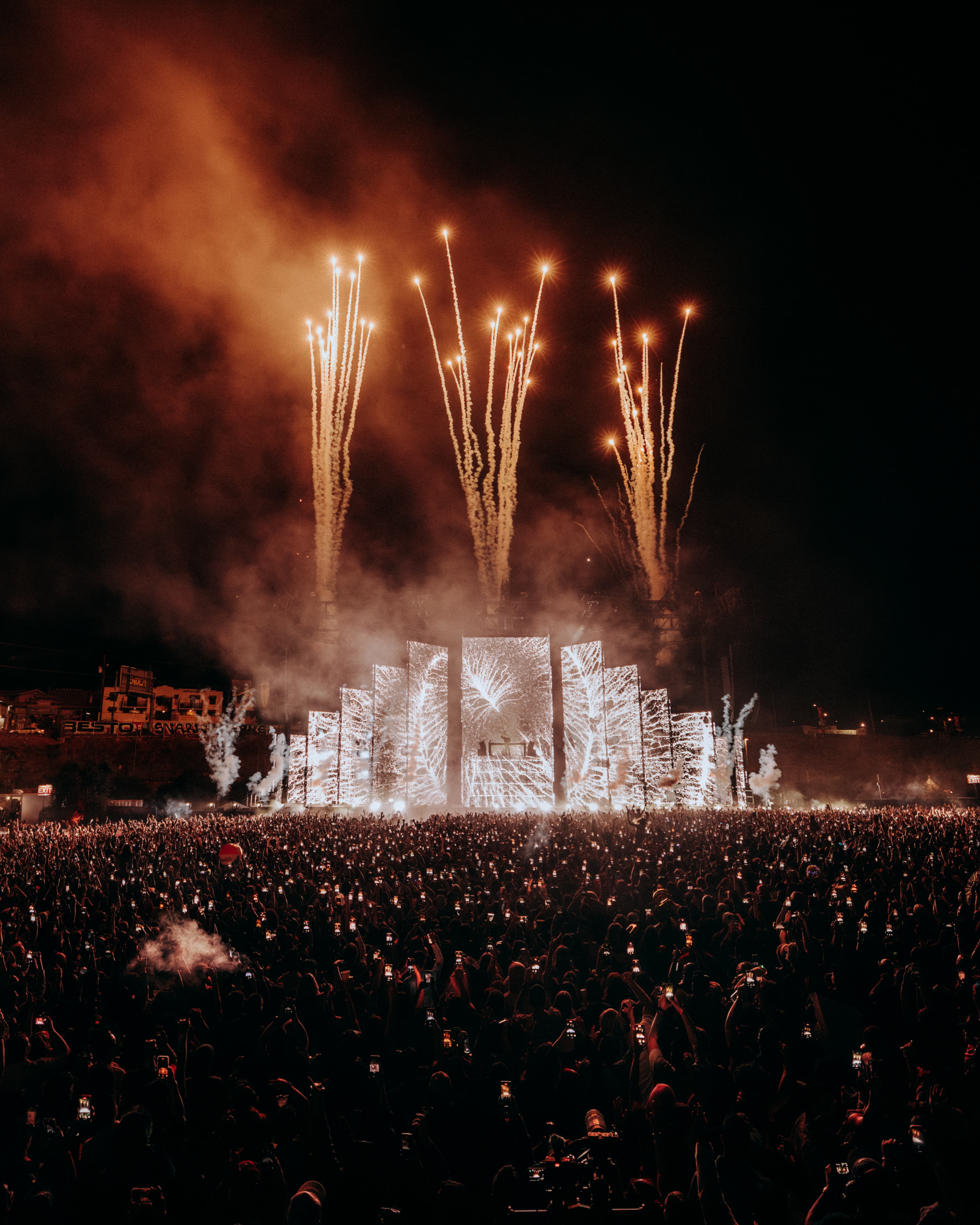Aerial view of Dom Dolla’s performance at LA State Historic Park as fireworks erupt over 40,000 fans, photographed by Brandon Densley of A World Away
