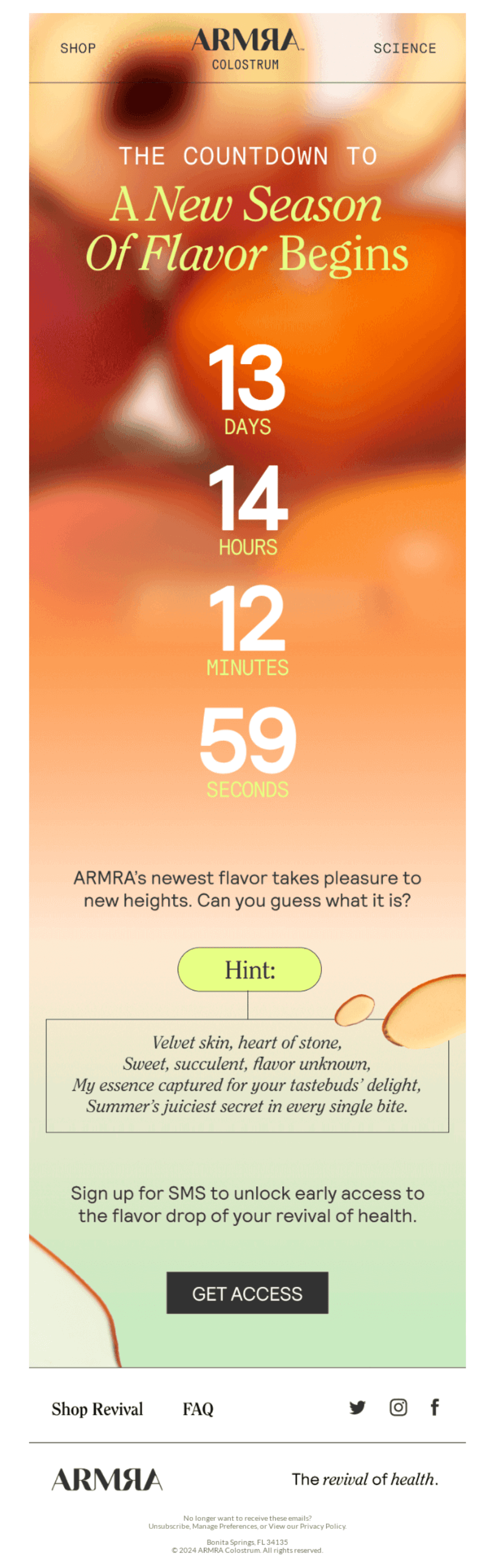 ARMRA Countdown Email: "ARMRA email highlighting the countdown to a new flavor launch with a poetic hint and vibrant orange background, featuring a call-to-action button 'Get Access.'"