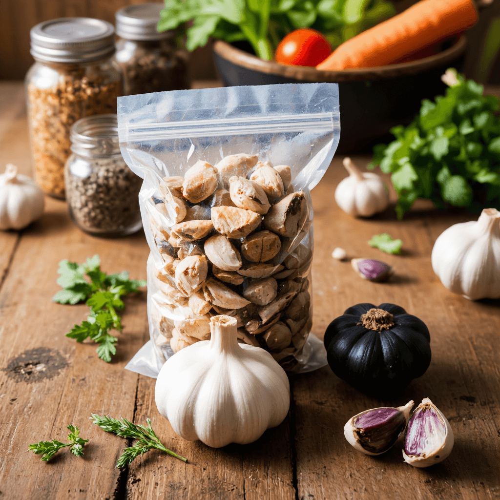 product photography of bag of garlic and two pieces of black garlic