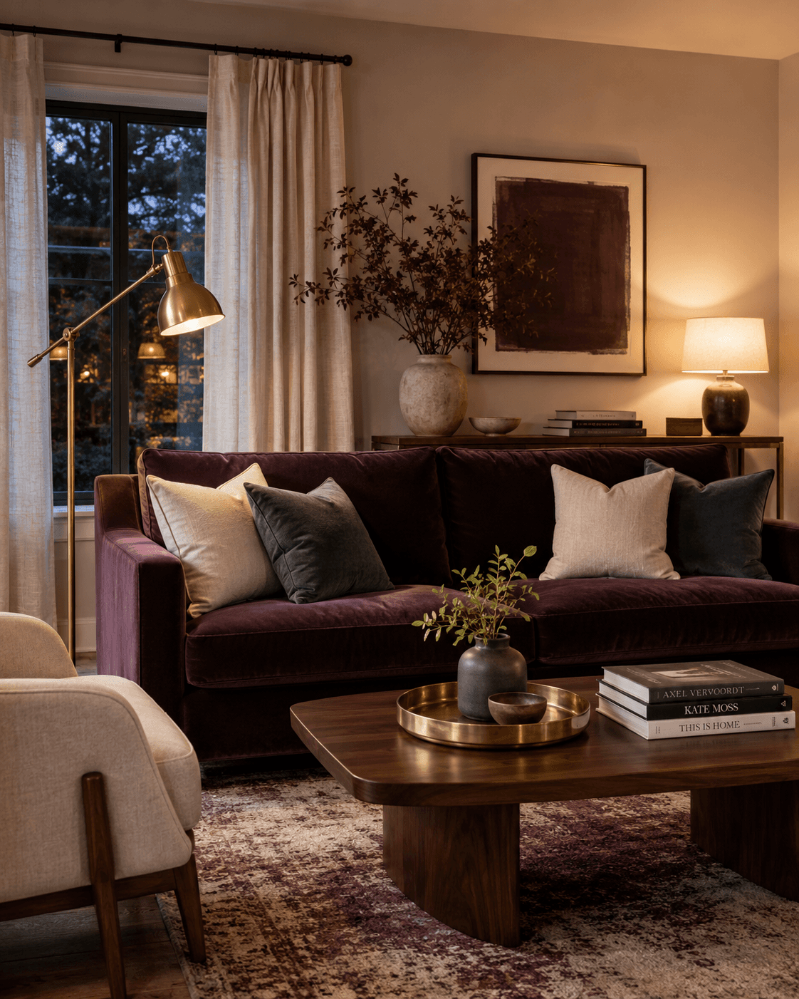 Modern living room featuring a deep purple velvet sofa, neutral throw pillows, mid-century armchair, wooden coffee table with decorative tray and vase, designer books by Axel Vervoordt and Kate Moss, large abstract wall art, and warm ambient lighting.