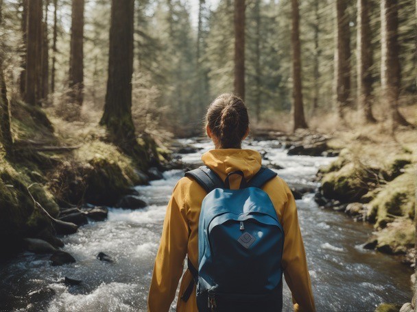 woman with backpack by the river