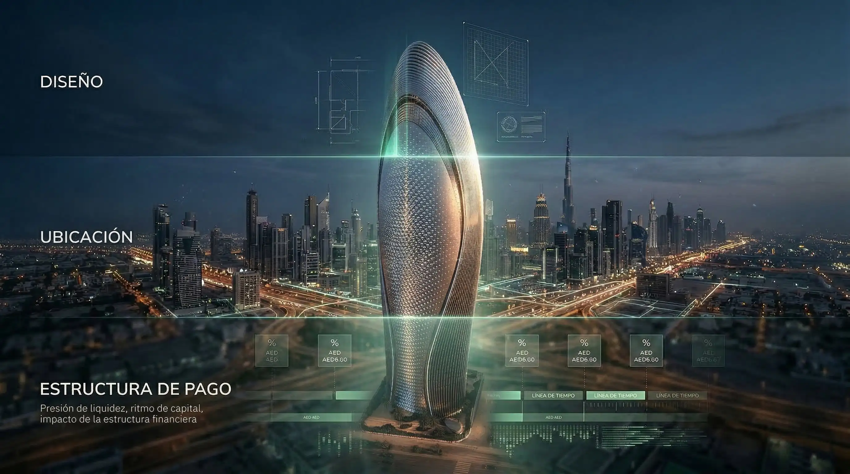 Proyecto residencial en Dubái mostrando variables clave de inversión inmobiliaria.