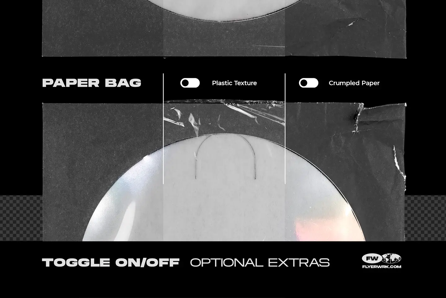 CD paper bag mockup with toggle options for plastic texture and crumpled paper