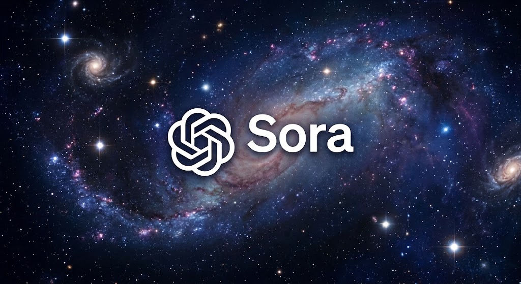 The OpenAI logo and the word Sora over a spiral galaxy and starfield