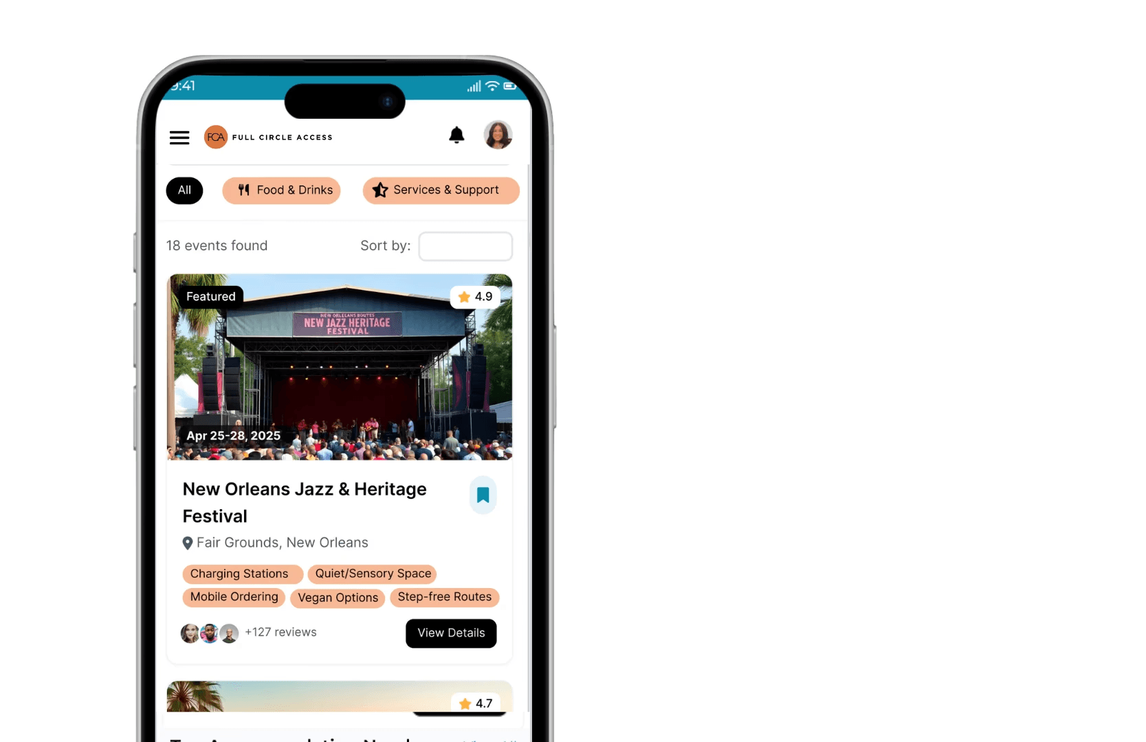 Full Circle Access mobile app showing search results for New Orleans events. The screen displays the Jazz & Heritage Festival with filter tags for Food & Drinks and Services & Support. Event details show charging stations, quiet spaces, mobile ordering, vegan options, and step-free routes available at the venue.