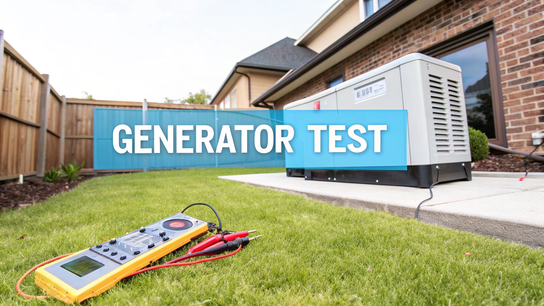 A generator next to a green lawn and wooden fence with the text 'generator test' in the foreground
