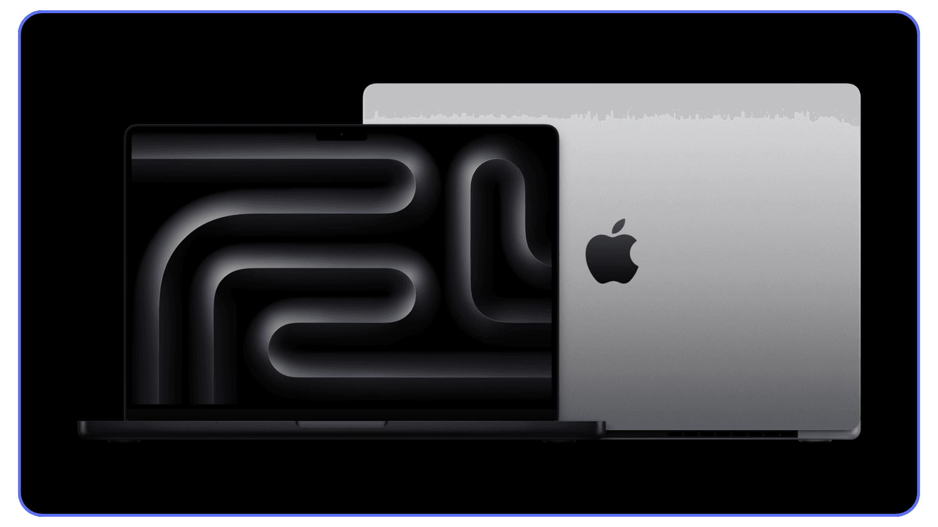 Apple MacBook Pro front and back view – space gray MacBook Pro laptops displayed against a black background, showing screen and rear Apple logo.