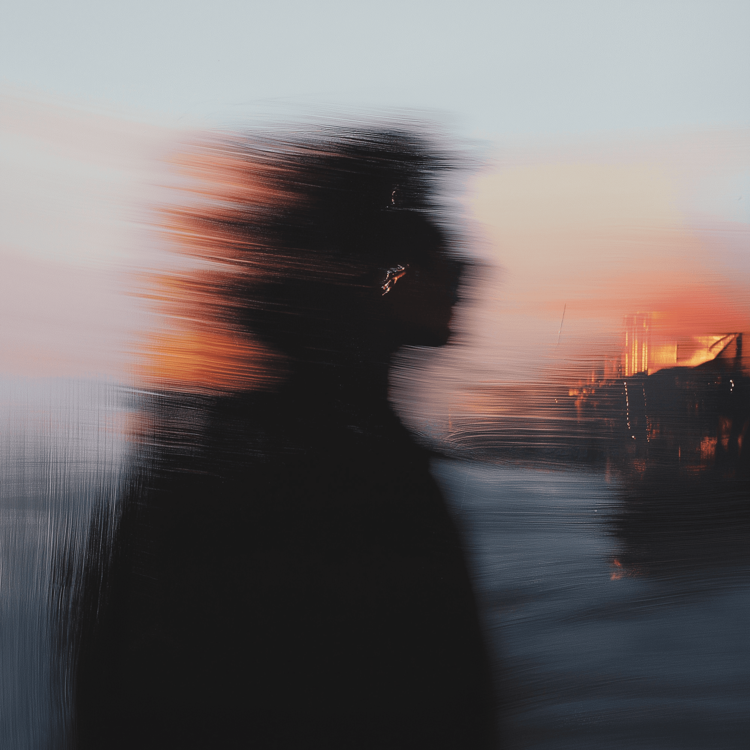 Abstract silhouette against a vibrant sunset, blending warm colors and motion blur for a dreamlike, mysterious effect.