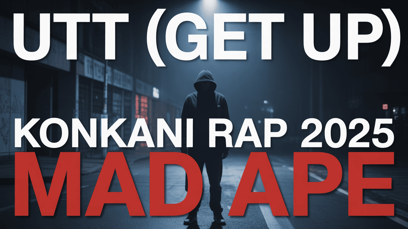 Lone hooded figure under spotlight with Utt Get Up Konkani Rap 2025 Mad Ape text