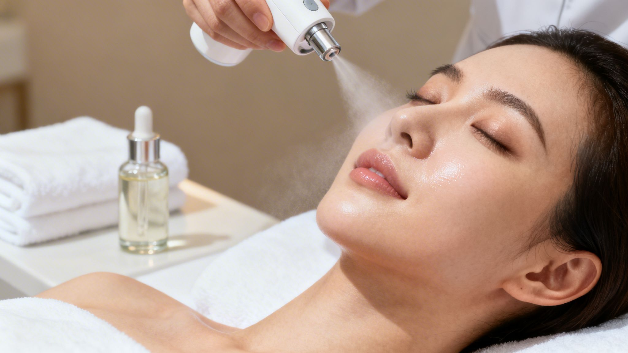 A young woman enjoying a refreshing facial mist treatment at a spa or clinic.