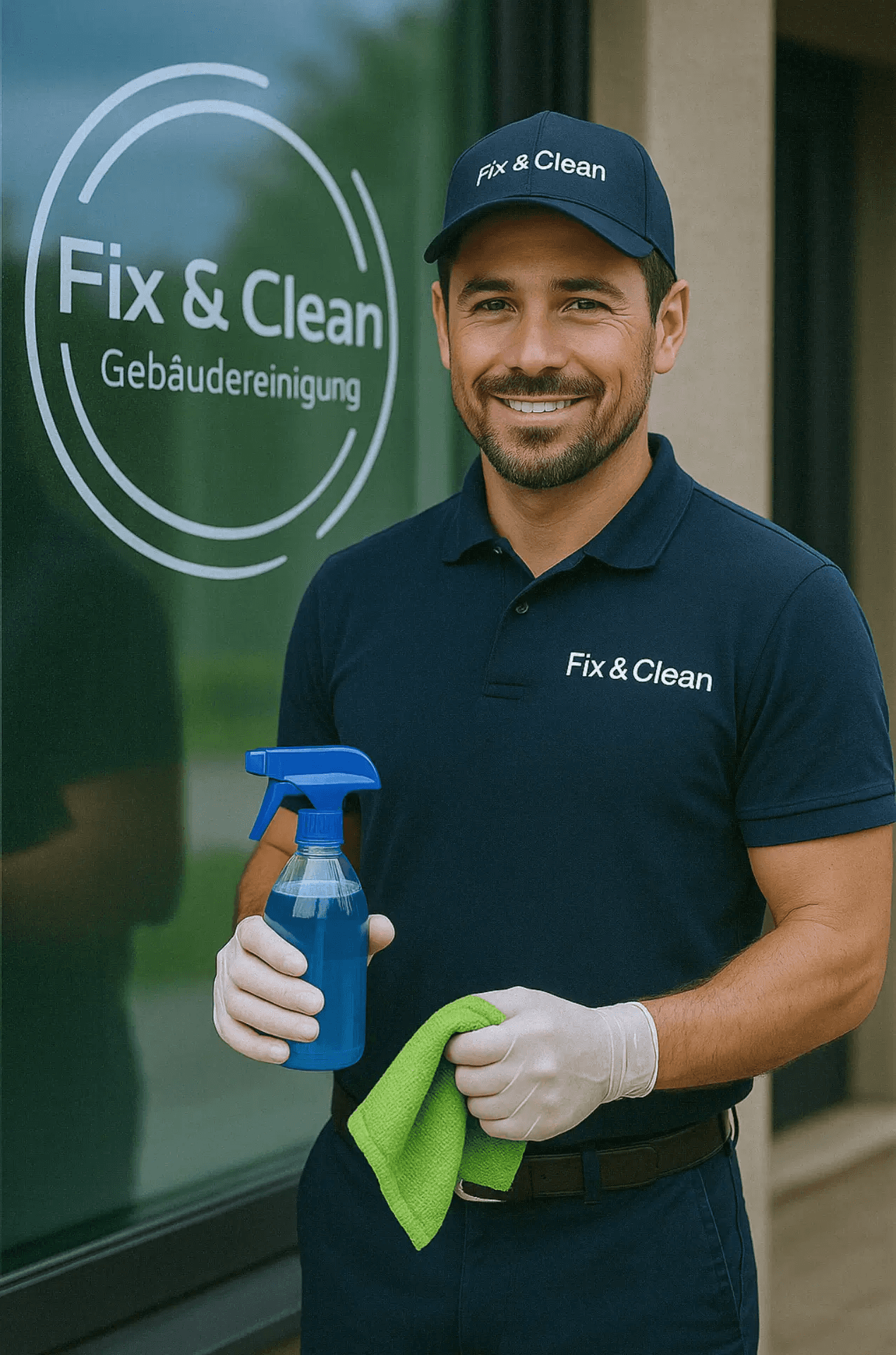 Gebäudereiniger von Fix & Clean mit Reinigungsspray und Tuch vor Firmenlogo
